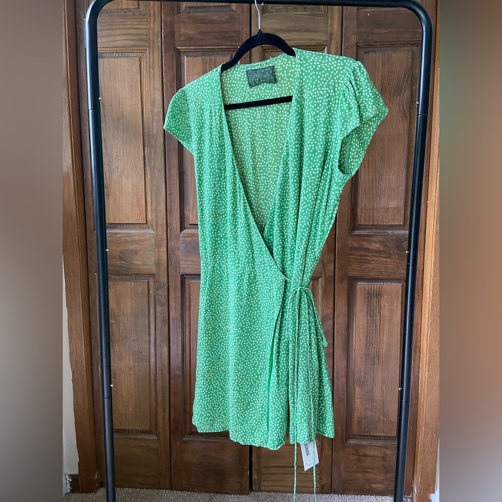 Reformation Green Wrap Polka Dot Mini Dress - Picture 4 of 7